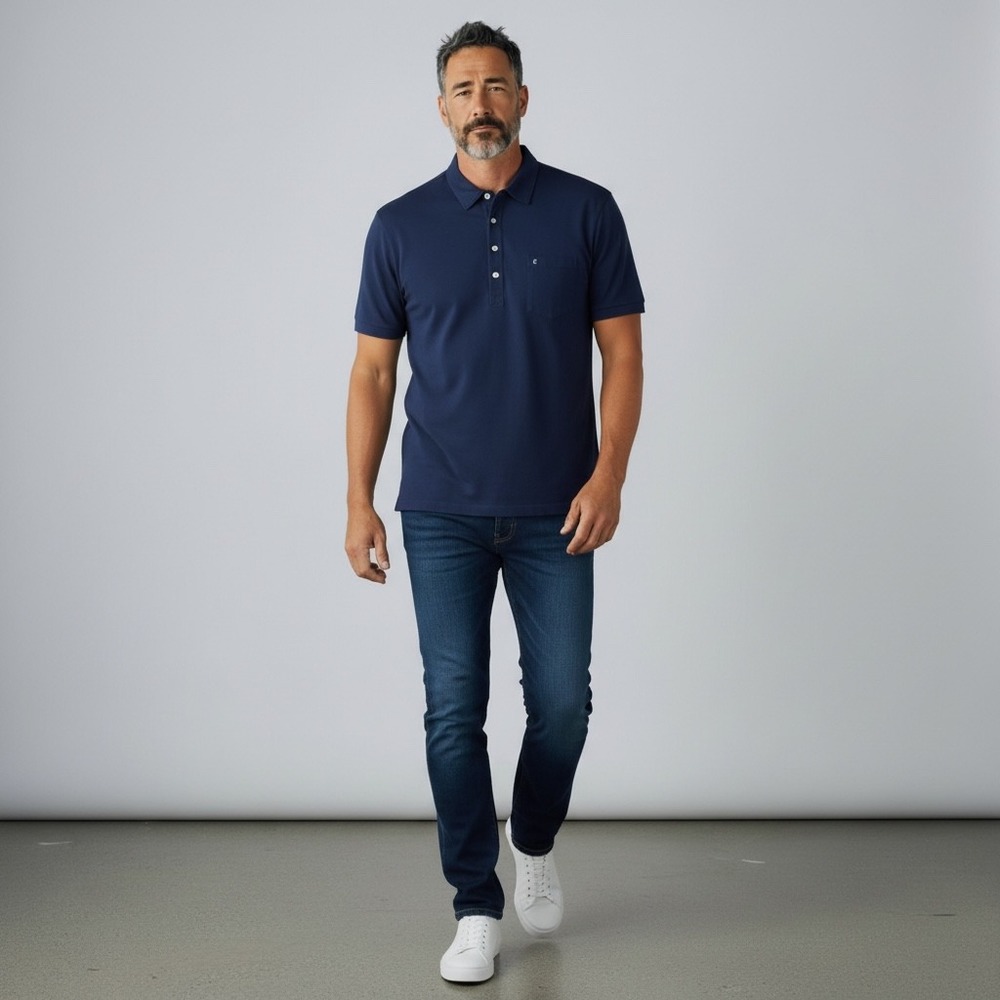 CRlQUET Mens Navy Blue Pima Cotton Short Sleeve Polo Shirt XL Pocket Golf Casual
